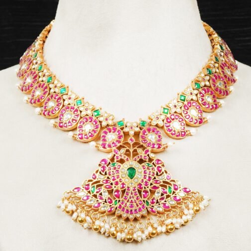 Big Pendant Pink Green Necklace Set Delicate Neckline