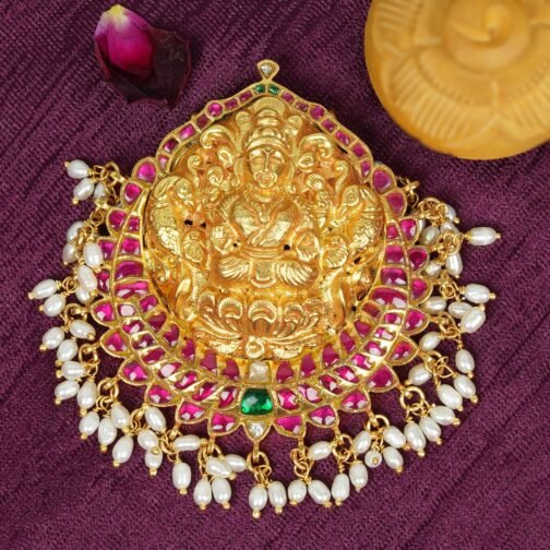 Gold-Plated Lakshmi Pendant with Pink Stones