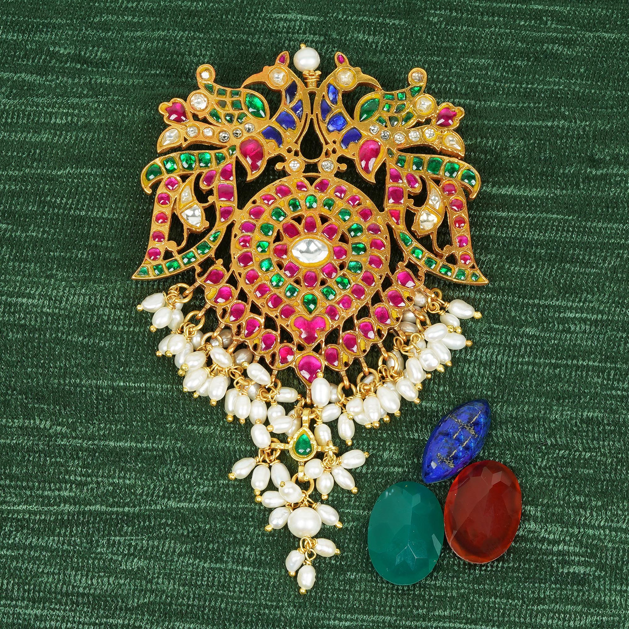 Gold Plated Multi-Colour Double-Peacock Pendant