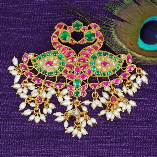 Gold-Plated Pink-Green Combo Peacocks Facing Pendant – 1