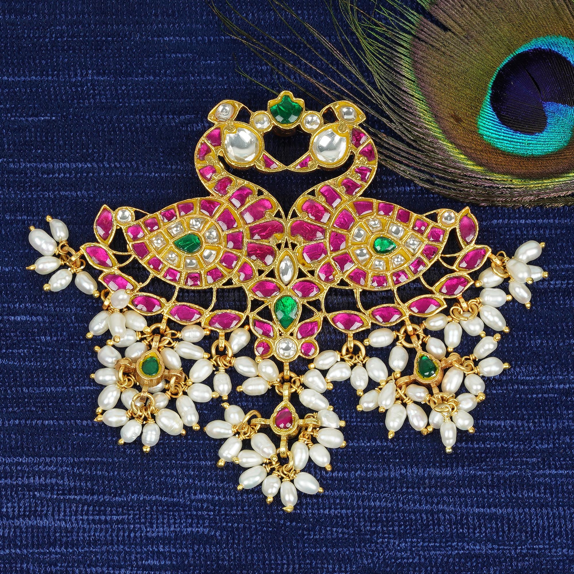 Gold-Plated Pink-Green Combo Peacocks Facing Pendant – 2