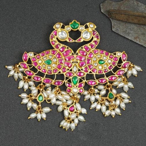 Gold-Plated Pink-Green Combo Peacocks Facing Pendant – 2