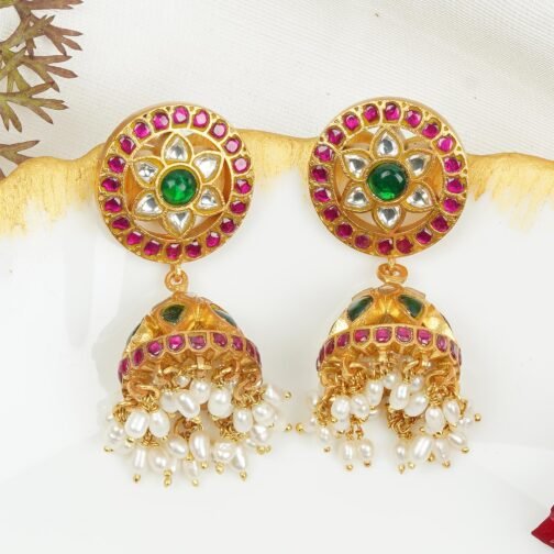 Green and Pink Kundan Jhumka Earrings
