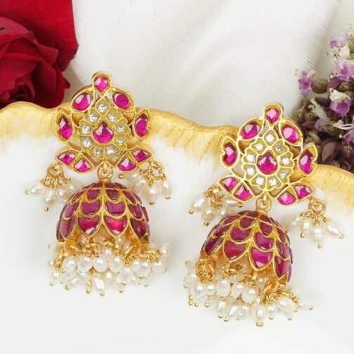 Droplet Shape White and Pink Rajwadi Jhumki Kundan...