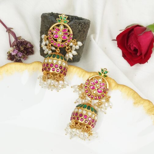 Multi-Coloured Kundan Jhumka with white pearl Setting