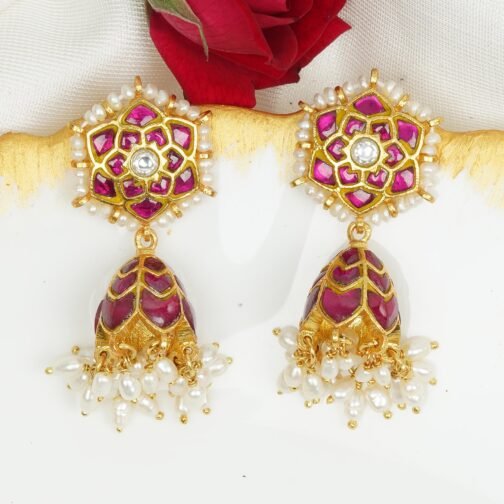 White and Pink Jhumki Earrings Online India