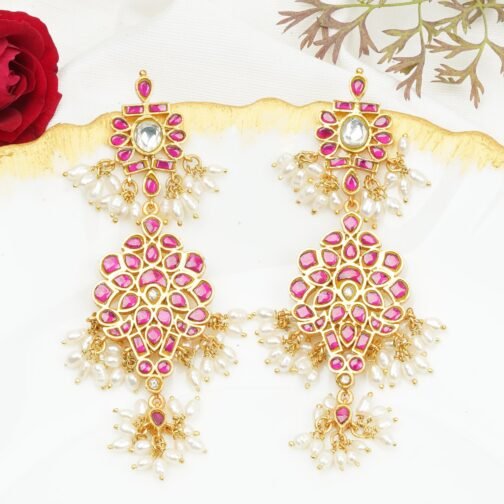 Royal Pink Kundan Earrings India Online Silver