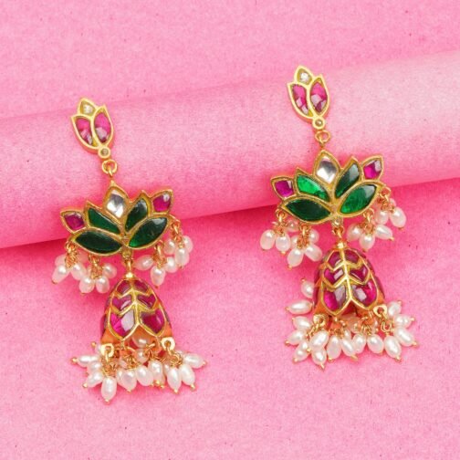 Green Gold-Plated Lotus shaped Jhumka
