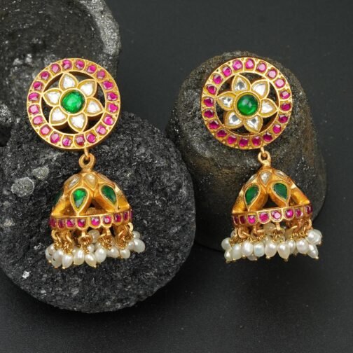 Green and Pink Kundan Jhumka Earrings