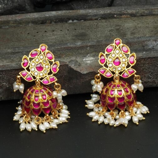 Droplet Shape White and Pink Rajwadi Jhumki Kundan...