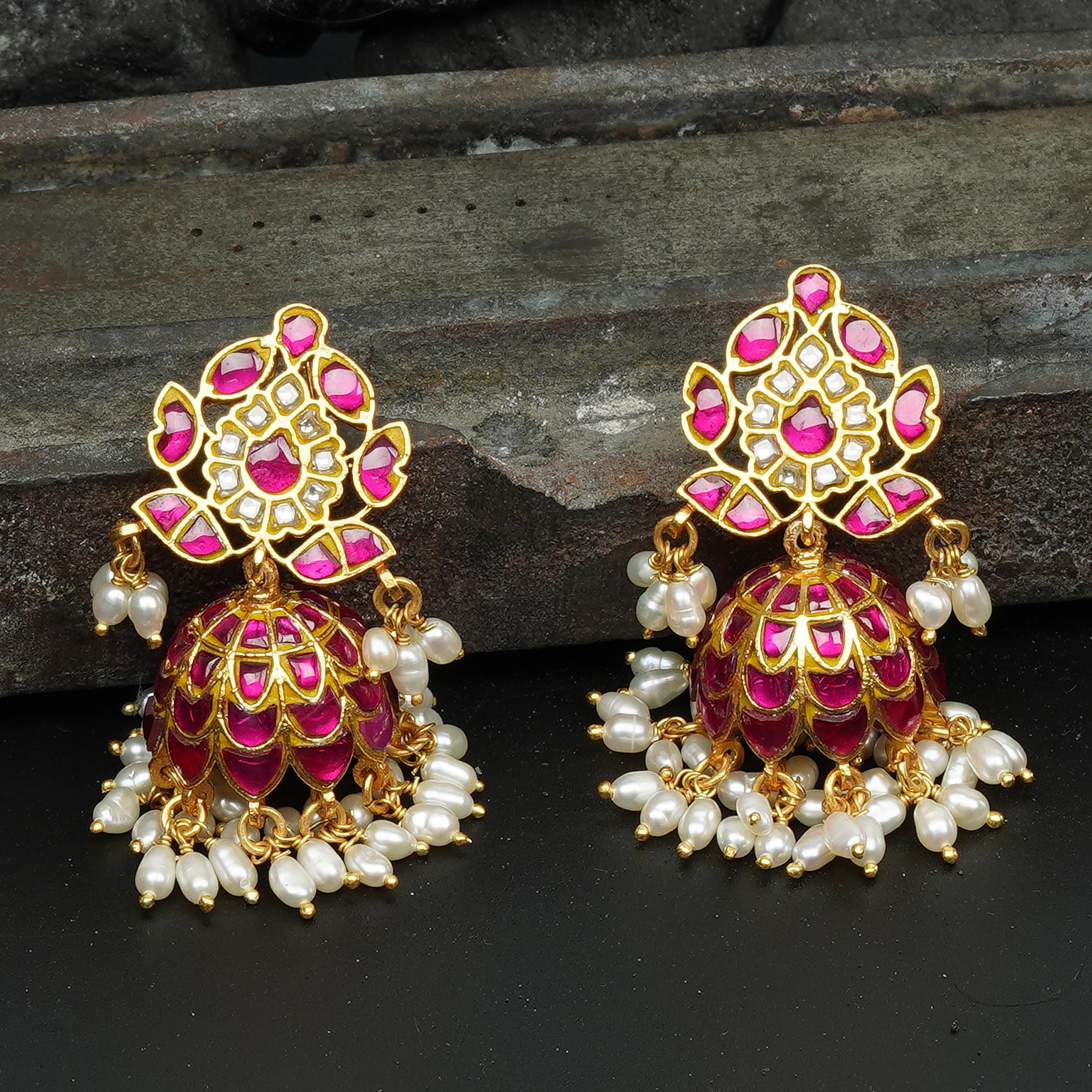 Droplet Shape White and Pink Rajwadi Jhumki Kundan India