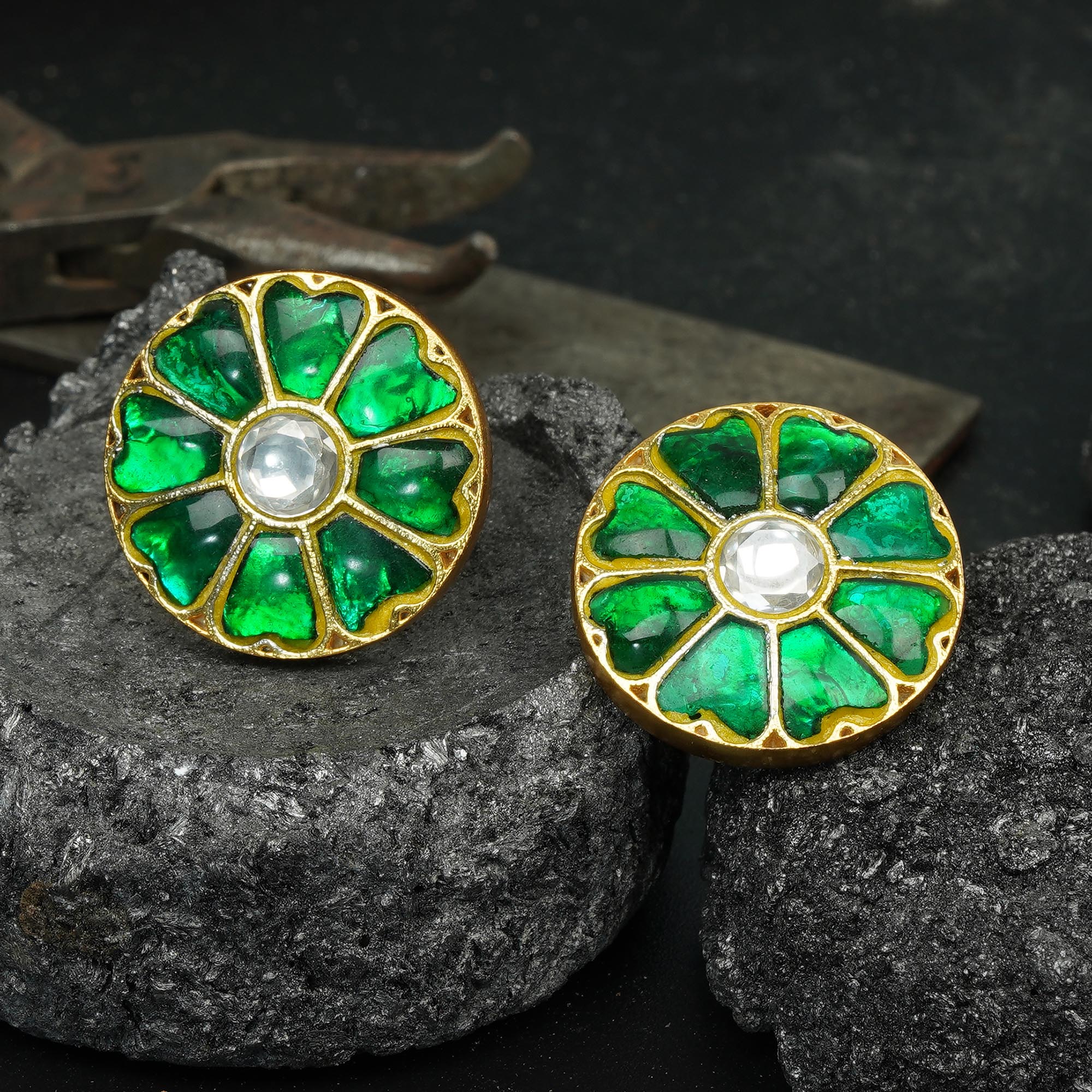 Gorgeous Green Colour Gold-Plated Flower Shaped Stud.