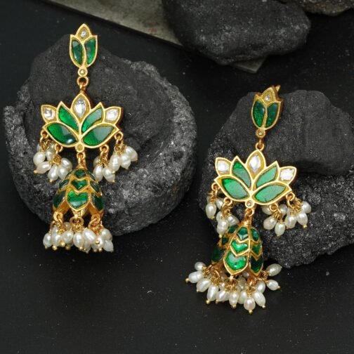Green Gold-Plated Lotus shaped Jhumka