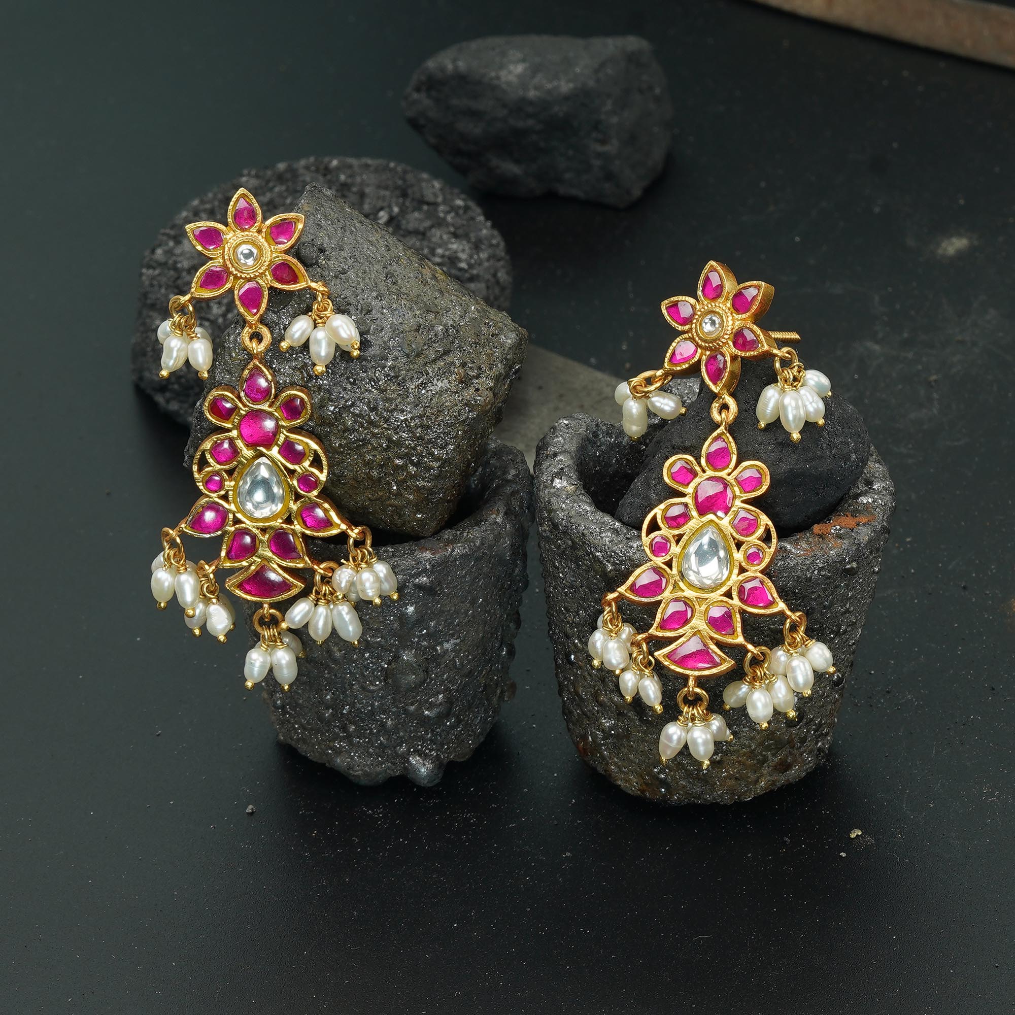 Floral Gold-plated Kundan Earrings Best Price India