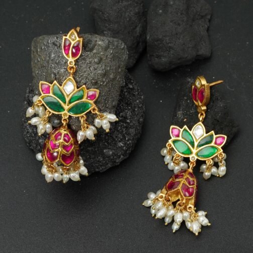 Multi-Colour Gold-Plated Lotus shaped Jhumka