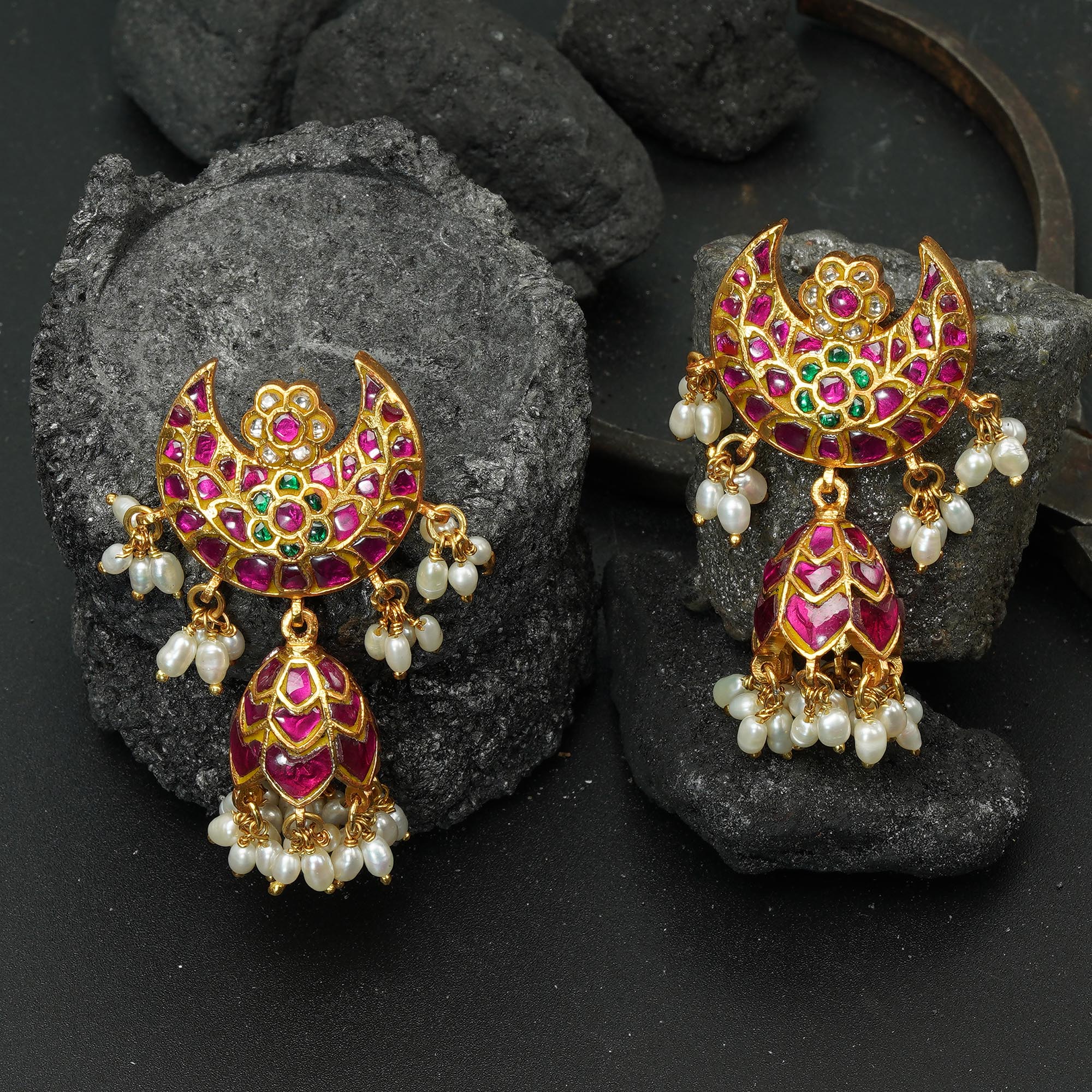 Exquisite Moon shaped half Jhumka green and pink earrings