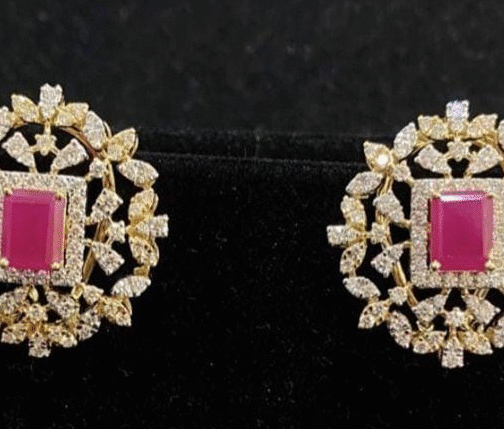 Ruby And American Diamond Stud Earrings