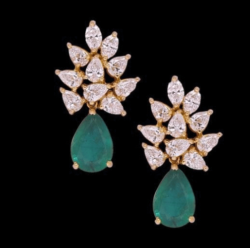 Gold Plated White CZ Stud Earrings With Emeralds