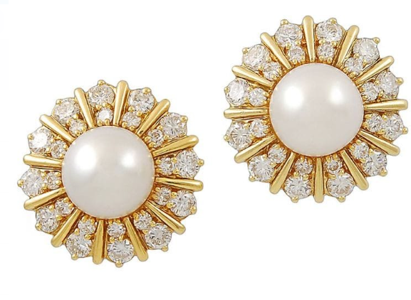 Gold Plated White CZ Flower And South Sea Cultured Pearl Stud Earrings