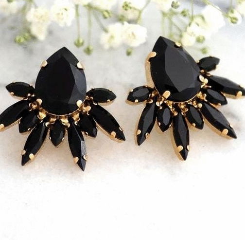 Black Crystal And Gold Stud Earrings Black Cluster