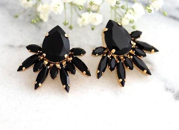 Black Crystal And Gold Stud Earrings Black Cluster