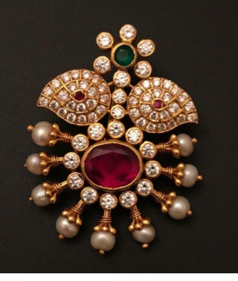 Cabochon Rubies With Emerald And CZ Stones Antique Gold Pendant