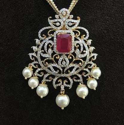 American Diamond And Ruby With Sea Pearls Hanging In The Bottom Pendant