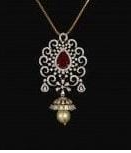 Gold Plated CZ Stone With Ruby Jhumka Hanging In The Bottom Pendant