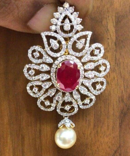 Gold Plated American Diamond Stone With Ruby Pendant