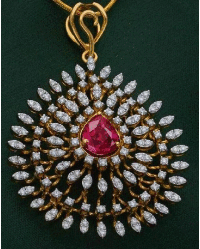 American Diamond With Ruby Drop Shape Pendant
