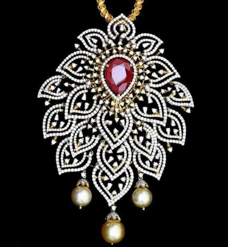 American Diamond And Ruby With Sea Pearls Hanging...