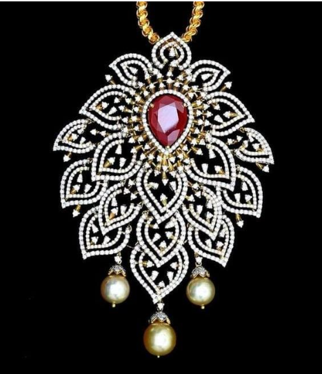 American Diamond And Ruby With Sea Pearls Hanging In The Bottom Flower Shape Pendant