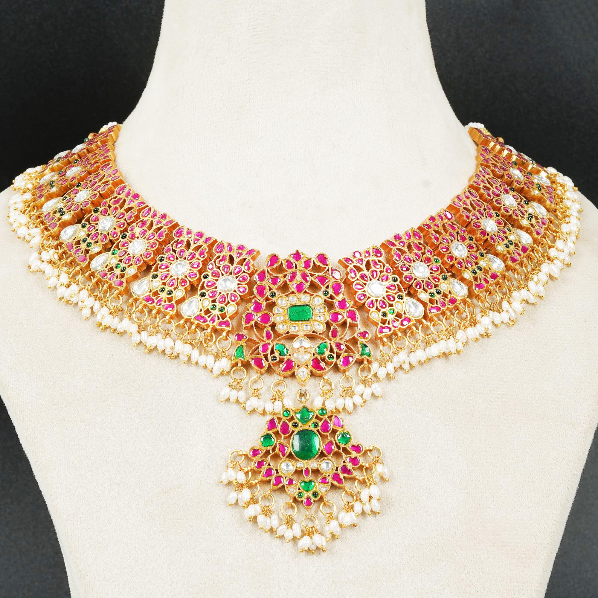 Elongated Statement Indian Kundan Necklace in Pink and Green