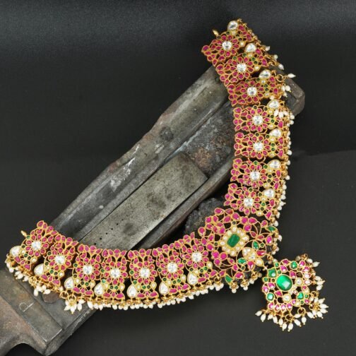 Elongated Statement Indian Kundan Necklace in Pink and...