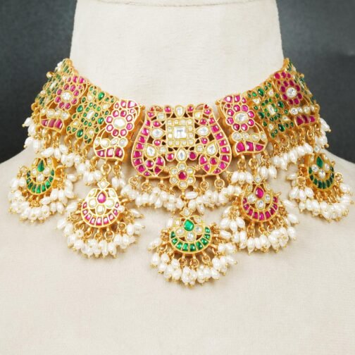 Heavy Bridal Jewelry Necklace Kundan Pink and Green