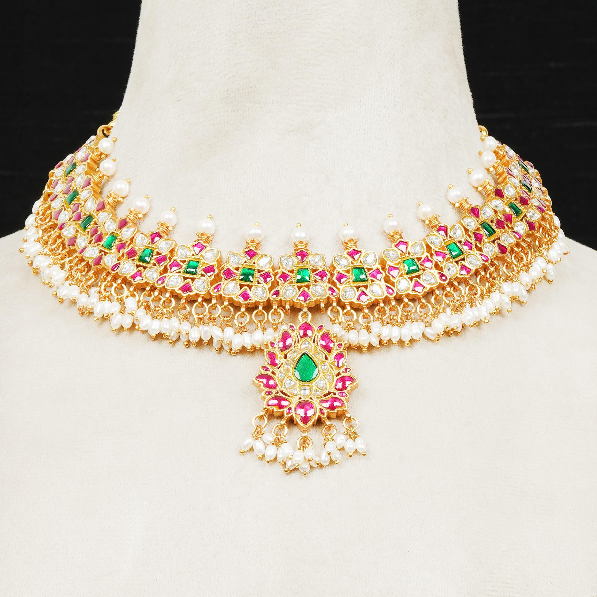 Finely Pearl and Stone Embellished Indian Necklace with 22k Gold Plating