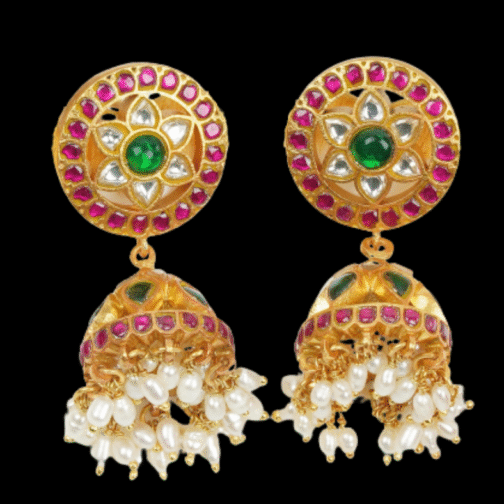 Cute Pink and Green Kempu Stone Jhumkas with...