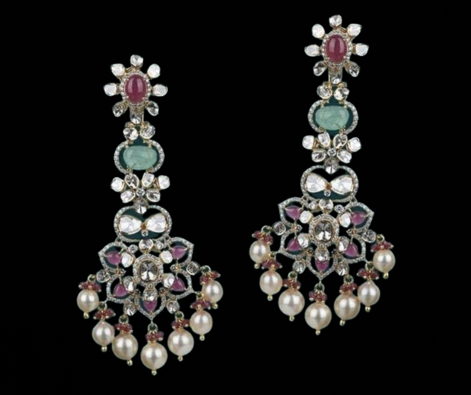 Buy elongated multicolour floral style earrings with hanging pearl drops