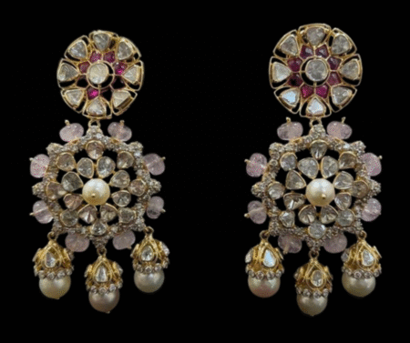 Pastel Pink and Pearl White Stone Studded Hanging Earrings