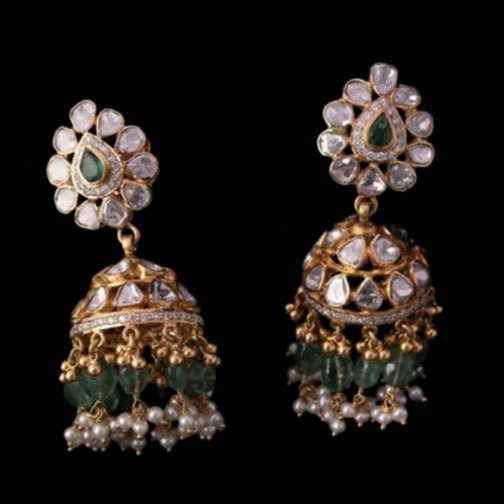 Stone Studded Golden Moissanite Jhumki Earrings with Green...