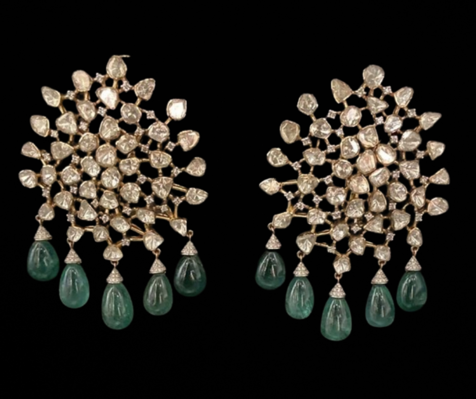 Golden Tone Dazzling Web Shaped Earrings with Green Stone Droplets