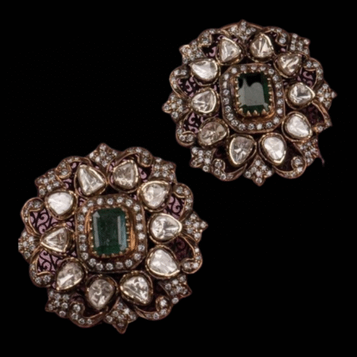 Moissanite Heavy Look Studs Earrings with Green Centre...