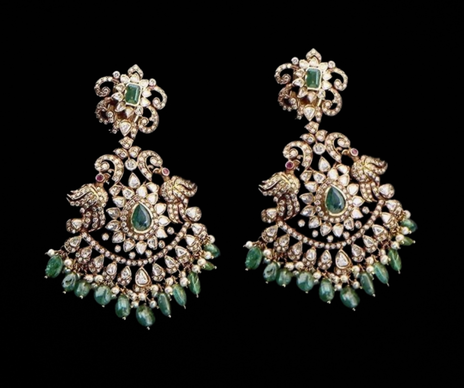 Gold Plated Bridal Chandbaali Earrings in Green and White Kundan Stone