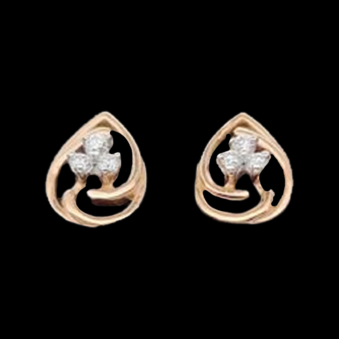 Drop shaped hollow design gold earrings with three diamond stones studded in centre