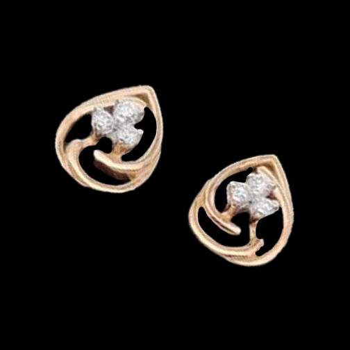 Drop shaped hollow design gold earrings with three diamond stones studded in centre