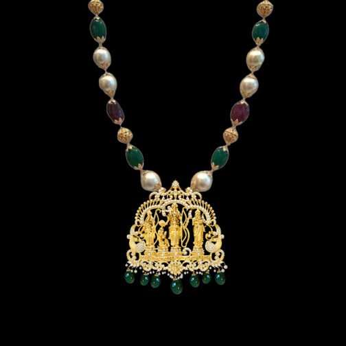 Ram Parivar Pendent with Ruby and Emerald Bead...