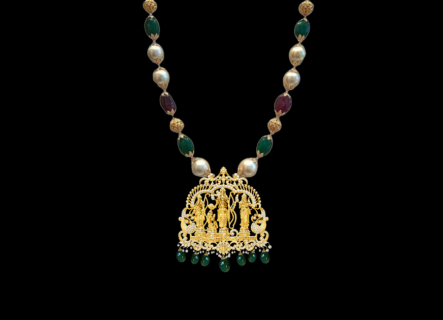 Ram Parivar Pendent with Ruby and Emerald Bead Chain