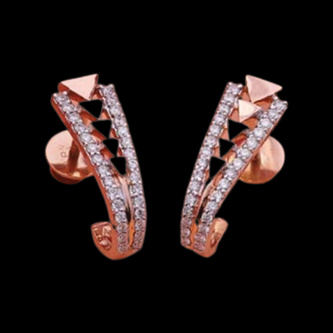 Curved J Style Rose Gold Diamond Earrings with Intricate Embellishment