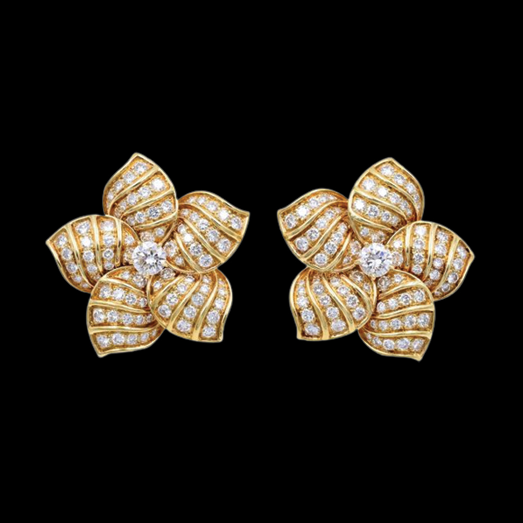 Graceful layered petal design diamond earrings with linear stone settings