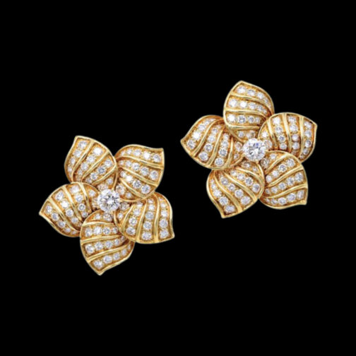 Graceful layered petal design diamond earrings with linear stone settings